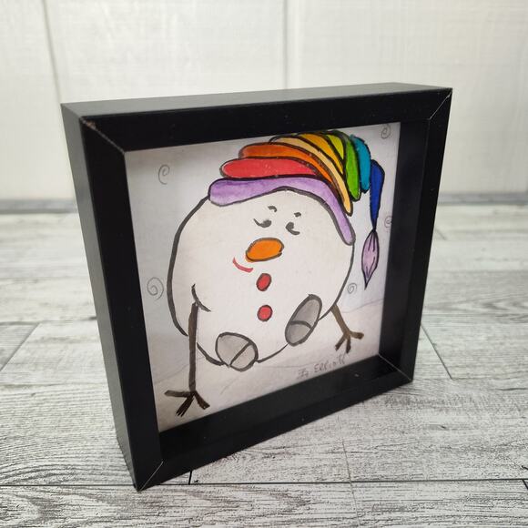 Rainbow Snowball Snowman Watercolor Art in Black Frame 4.5" Square Table or Wall - Picture 1 of 8